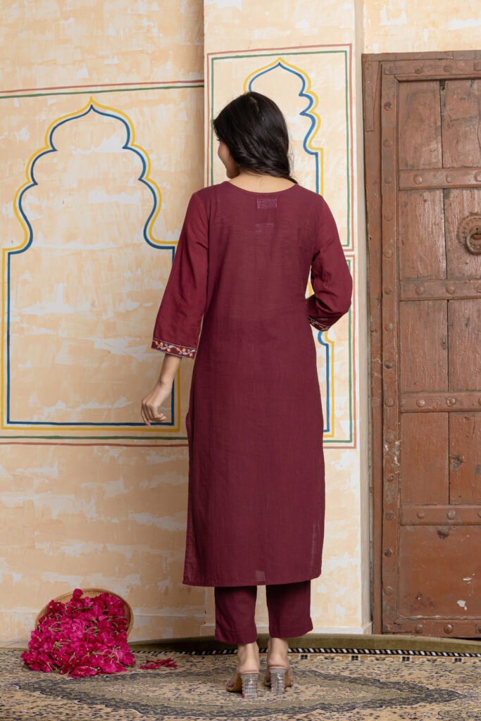 Maroon Embroidered Straight Cotton Kurta Pant Dupatta Set