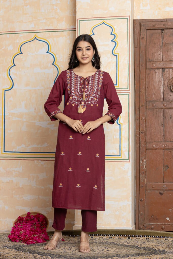 Maroon Embroidered Straight Cotton Kurta Pant Dupatta Set