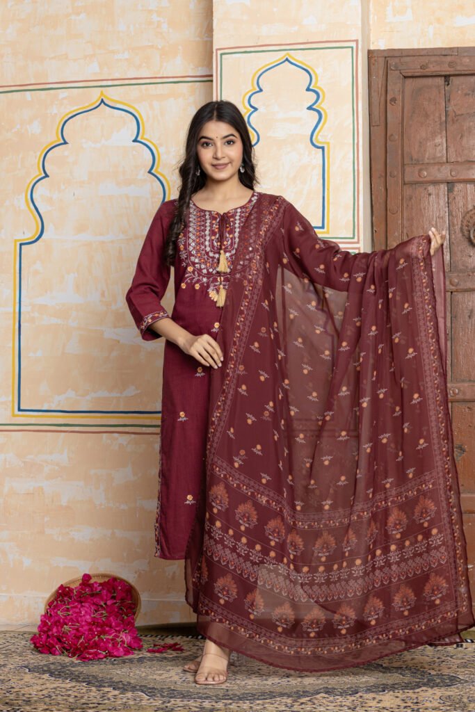Maroon Embroidered Straight Cotton Kurta Pant Dupatta Set