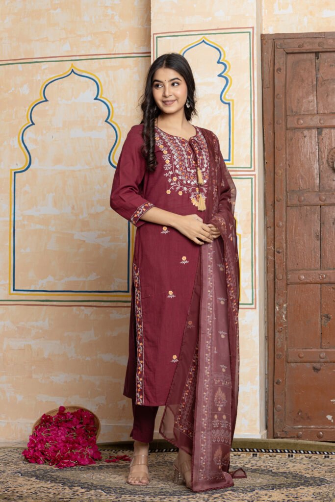 Maroon Embroidered Straight Cotton Kurta Pant Dupatta Set