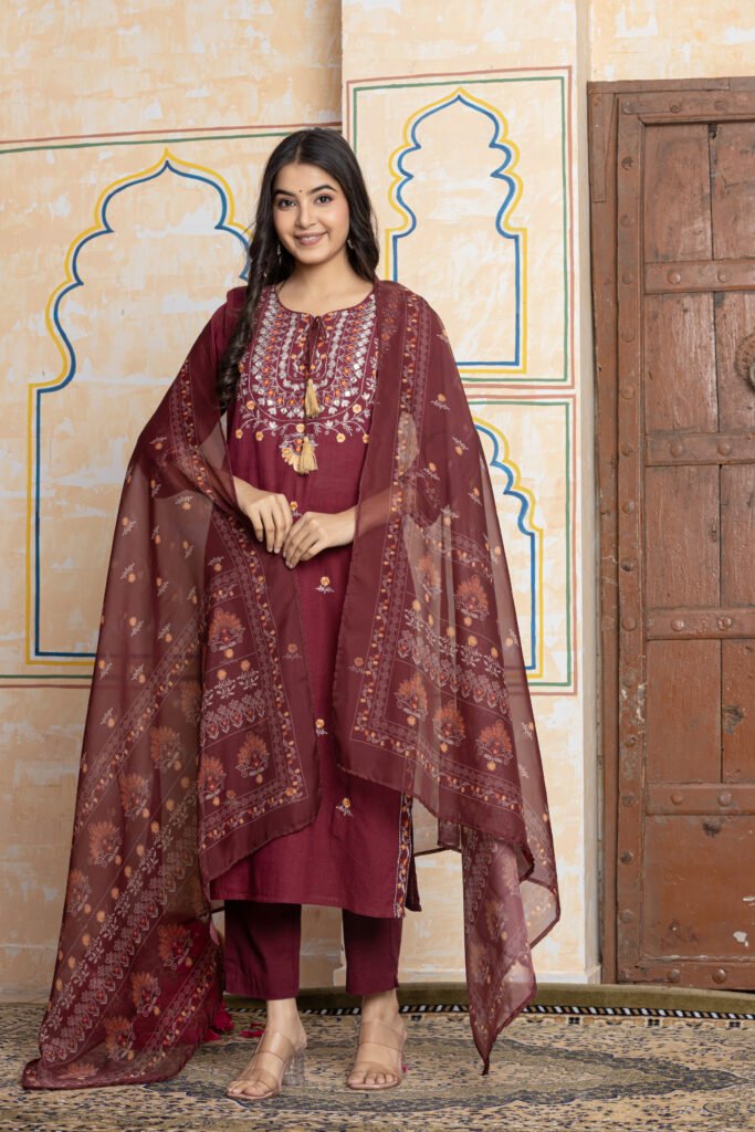 Maroon Embroidered Straight Cotton Kurta Pant Dupatta Set