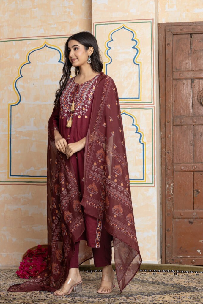 Maroon Embroidered Straight Cotton Kurta Pant Dupatta Set