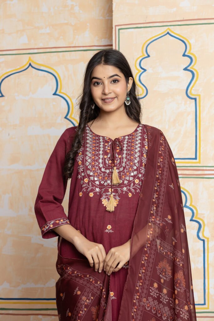 Maroon Embroidered Straight Cotton Kurta Pant Dupatta Set