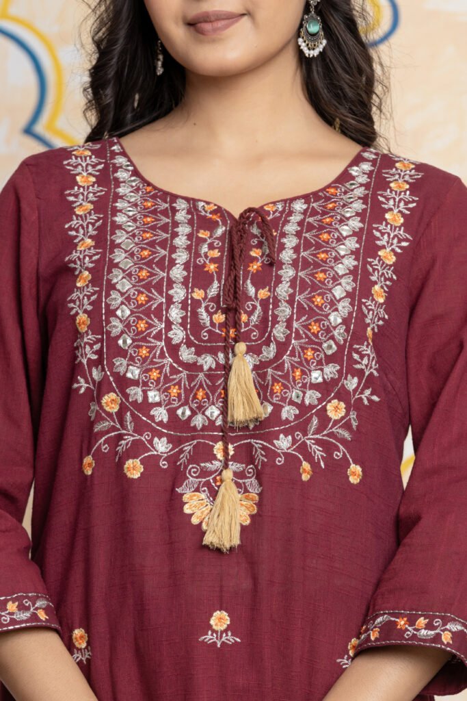 Maroon Embroidered Straight Cotton Kurta Pant Dupatta Set