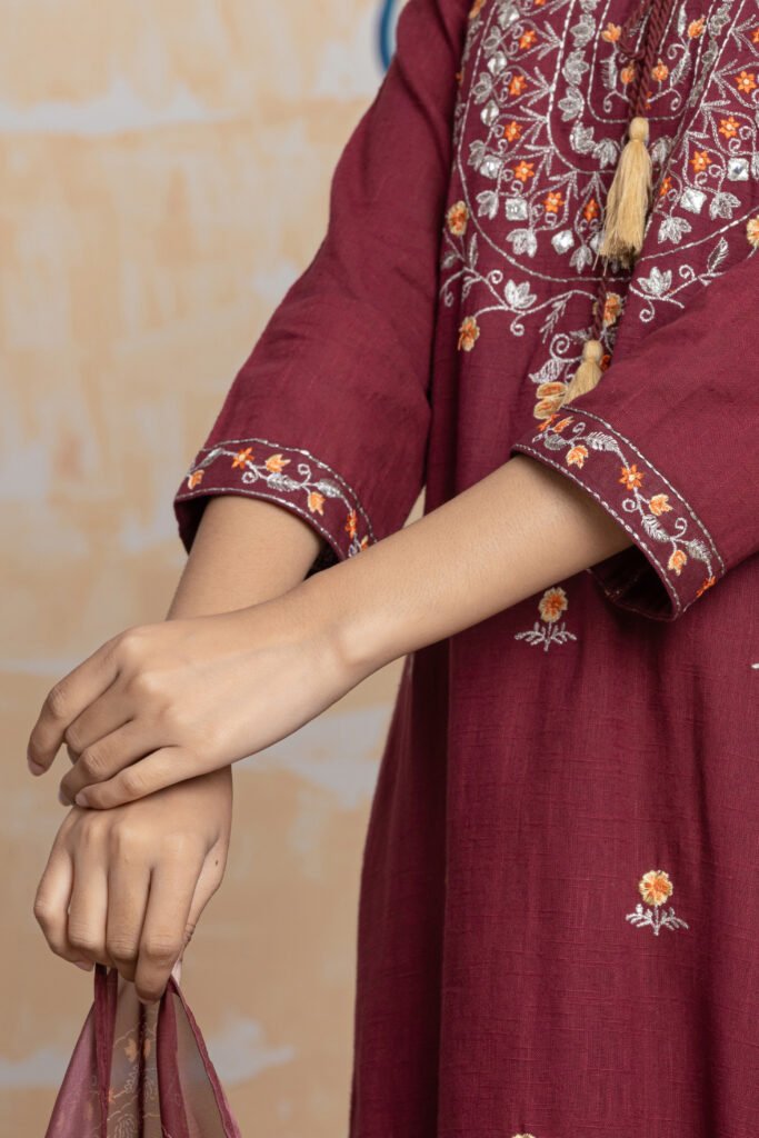 Maroon Embroidered Straight Cotton Kurta Pant Dupatta Set