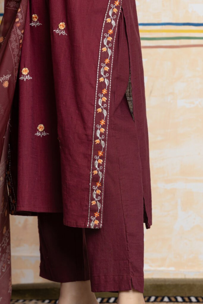 Maroon Embroidered Straight Cotton Kurta Pant Dupatta Set
