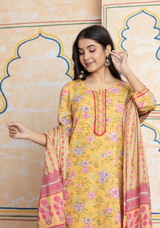 Women Cotton Blend Kurti Pant Attached Dupatta Set