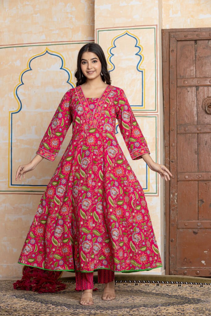 Rani Pink Floral Embroidered Anarkali Cotton Kurta Pant Dupatta Set