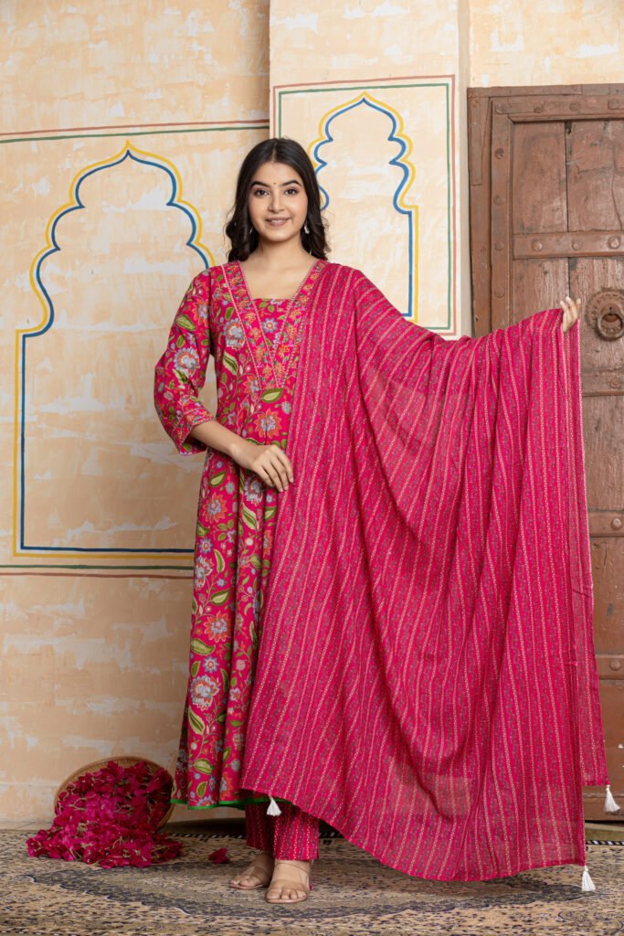 Rani Pink Floral Embroidered Anarkali Cotton Kurta Pant Dupatta Set