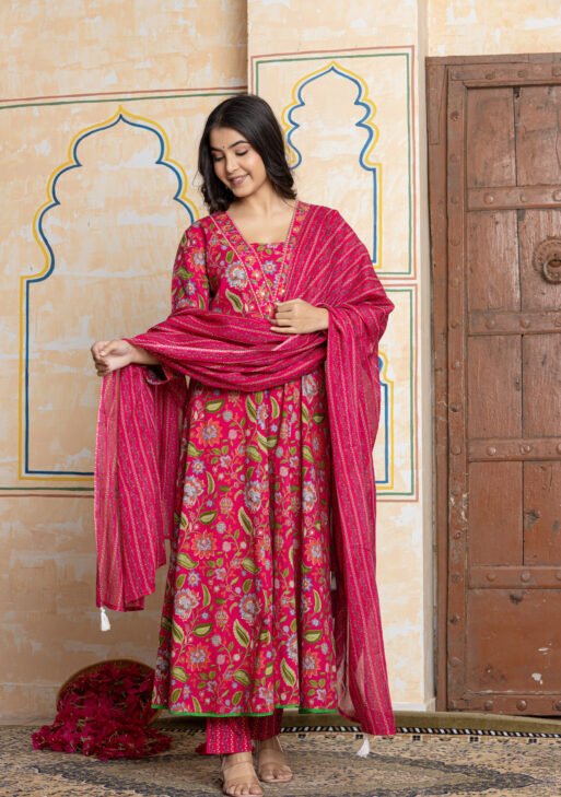 Rani Pink Floral Embroidered Anarkali Cotton Kurta Pant Dupatta Set