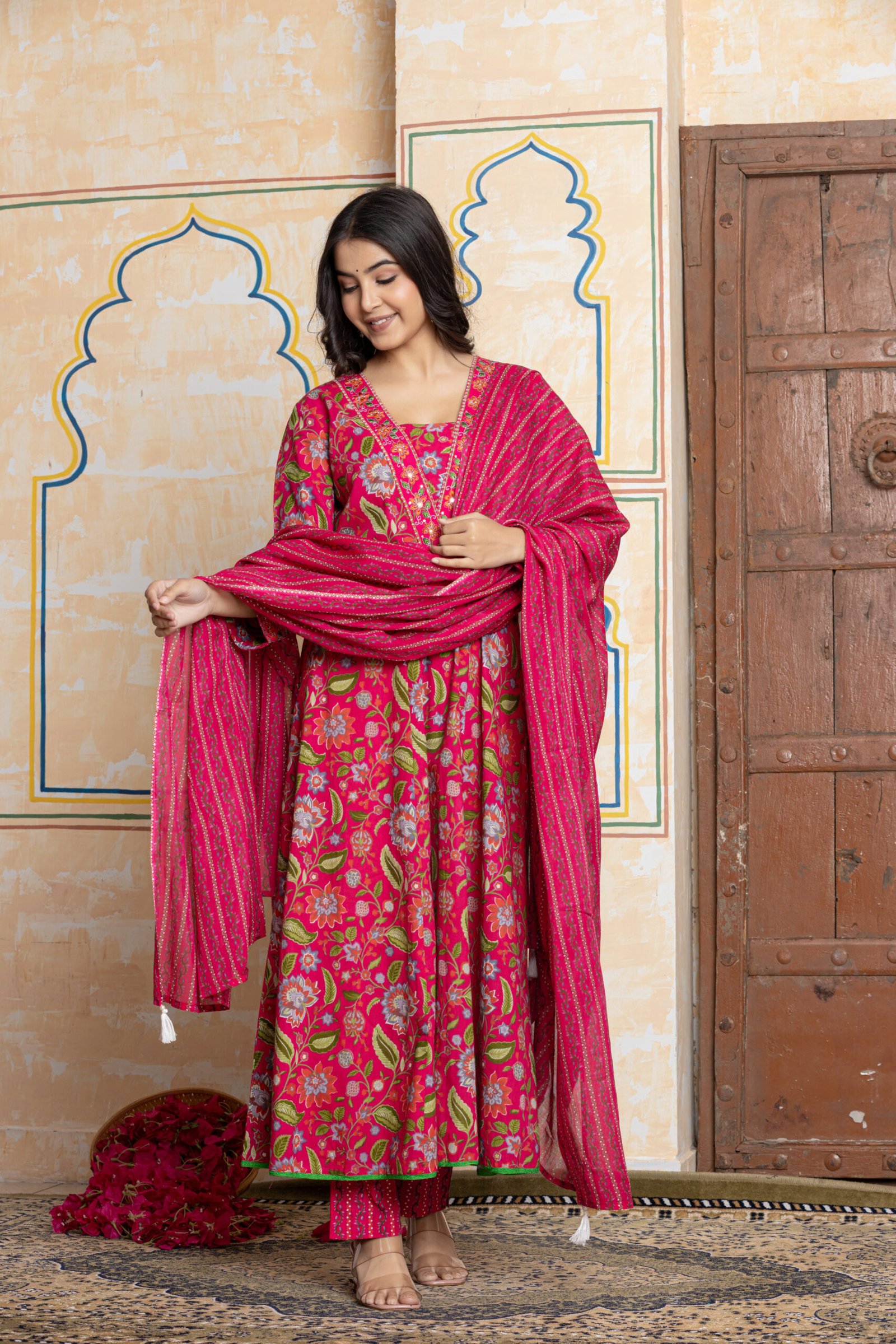 Rani Pink Floral Embroidered Anarkali Cotton Kurta Pant Dupatta Set