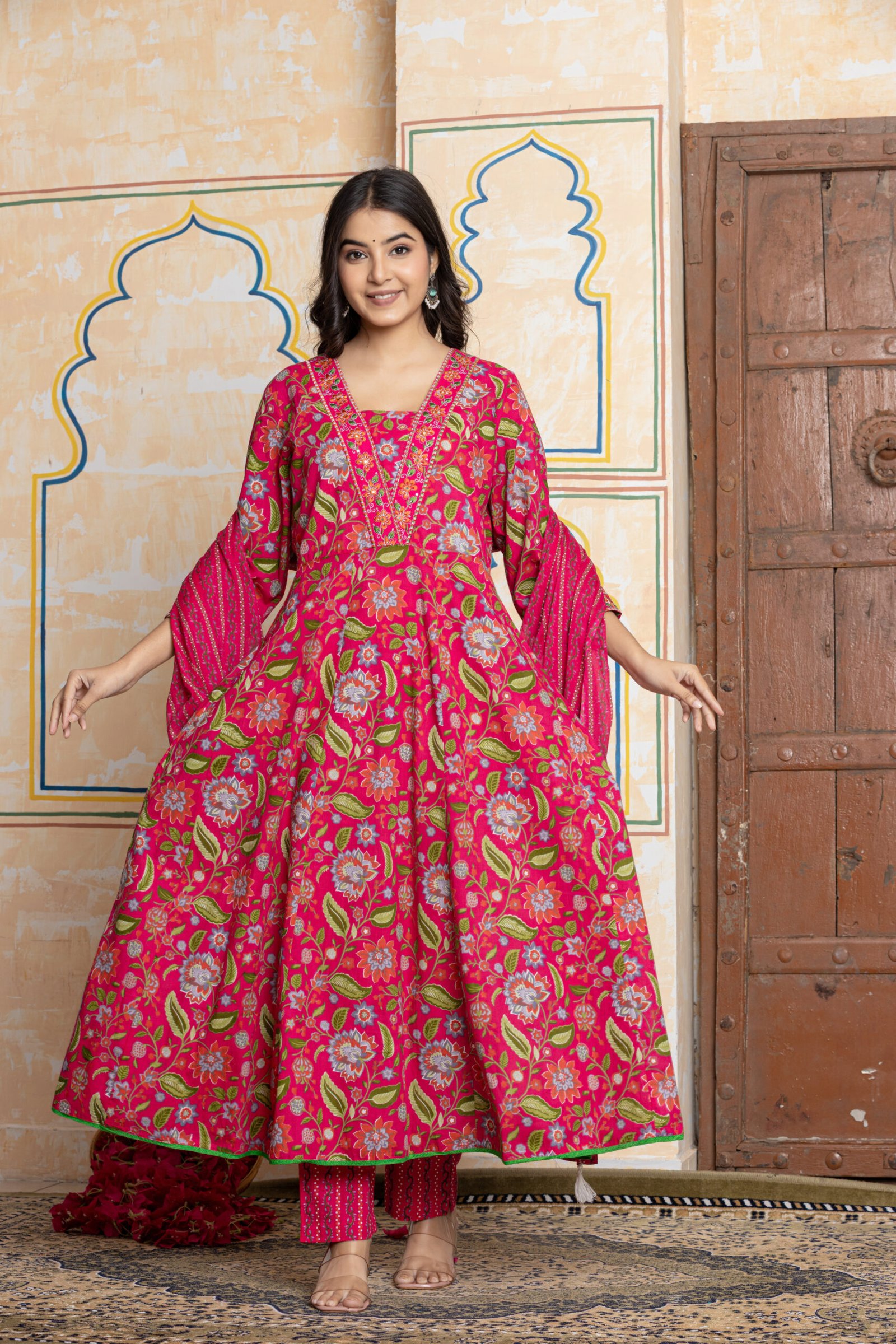 Rani Pink Floral Embroidered Anarkali Cotton Kurta Pant Dupatta Set