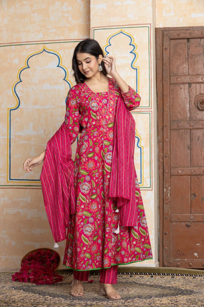 Rani Pink Floral Embroidered Anarkali Cotton Kurta Pant Dupatta Set