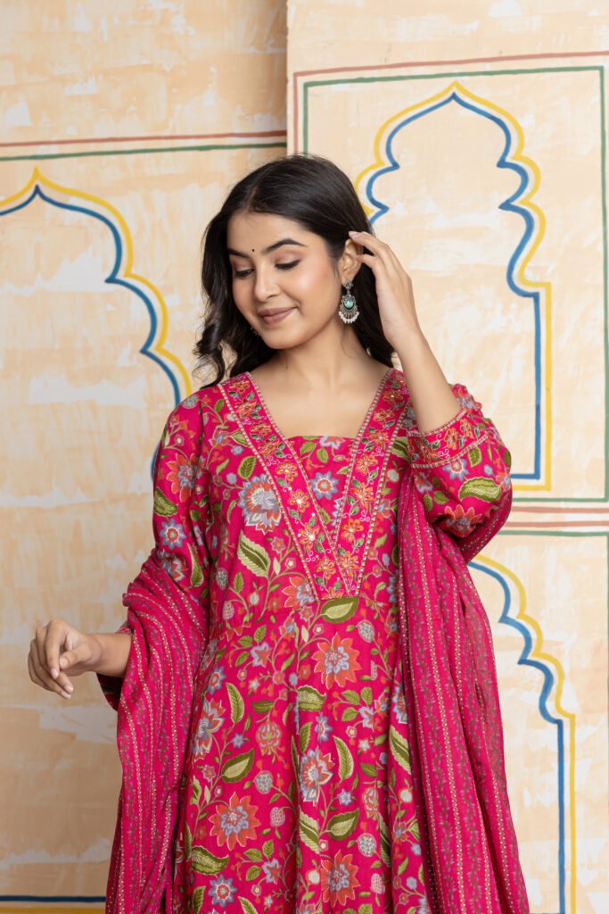 Rani Pink Floral Embroidered Anarkali Cotton Kurta Pant Dupatta Set