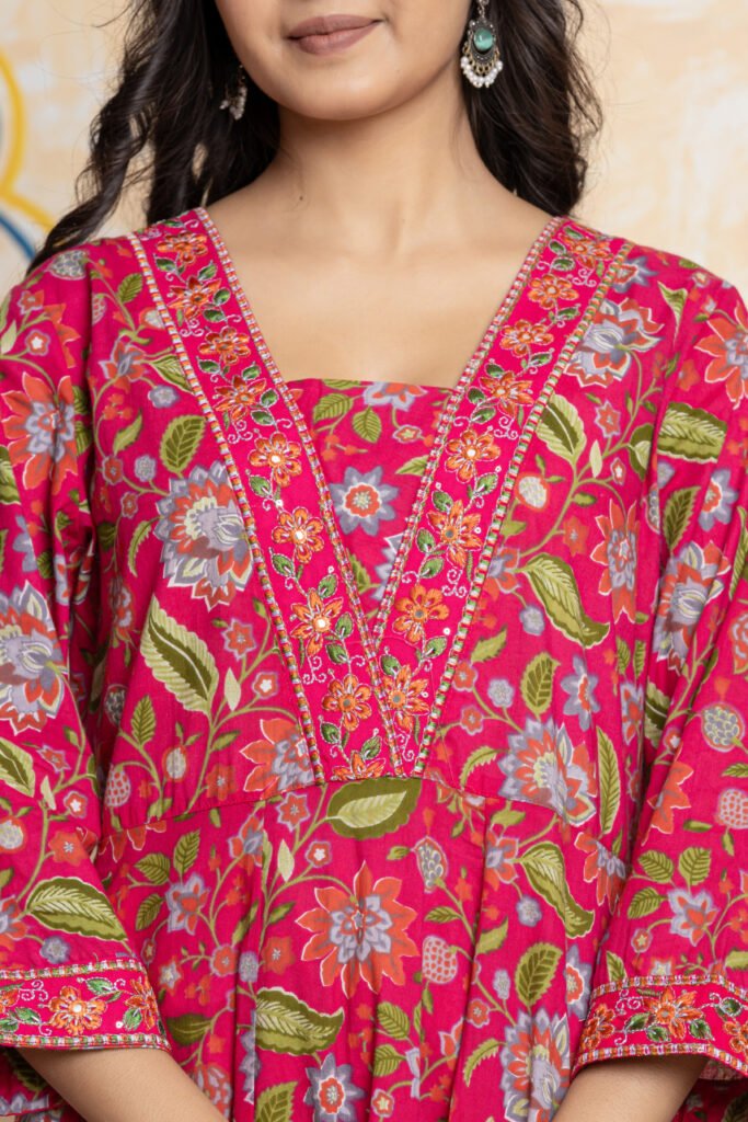 Rani Pink Floral Embroidered Anarkali Cotton Kurta Pant Dupatta Set