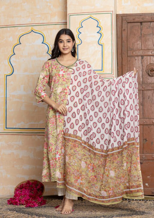 Floral Printed Cotton Kurta Pant Dupatta Set