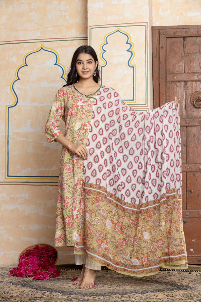 Floral Printed Cotton Kurta Pant Dupatta Set