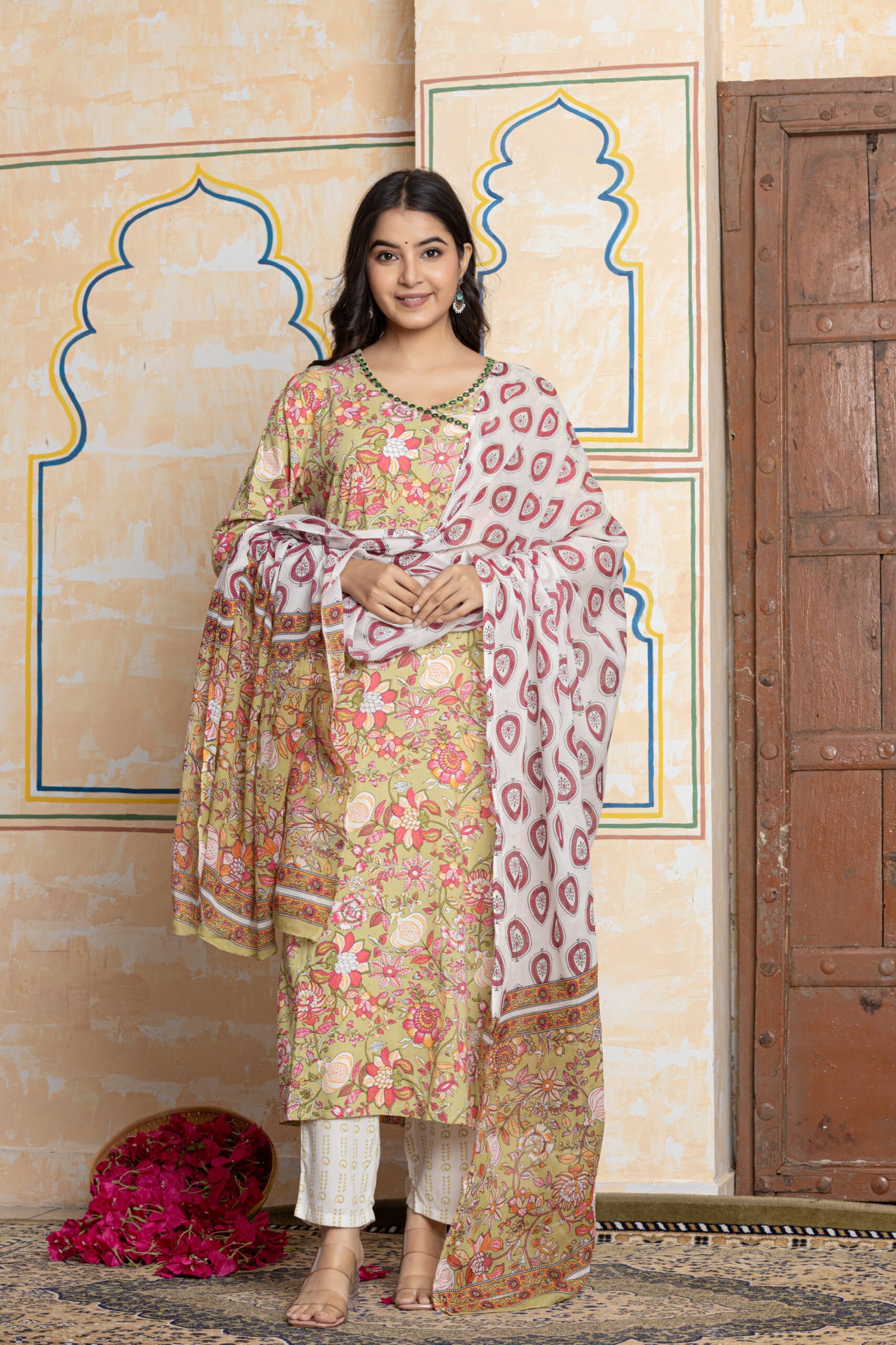 Floral Printed Cotton Kurta Pant Dupatta Set