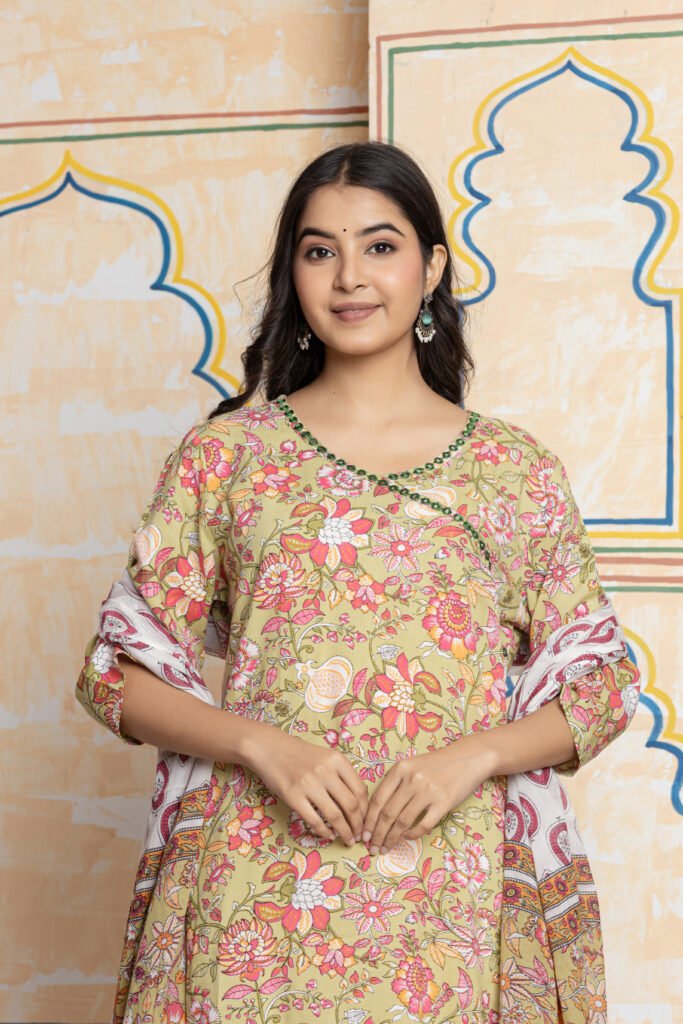 Floral Printed Cotton Kurta Pant Dupatta Set