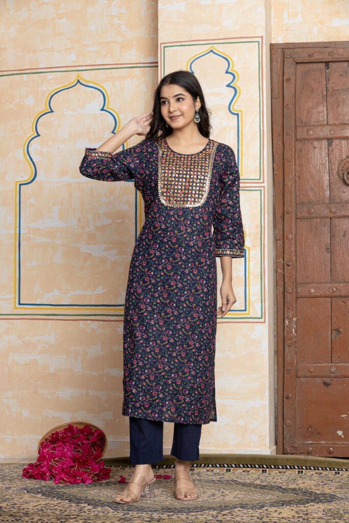 Yoke Floral Printed Cotton Kurta Pant Dupatta Set