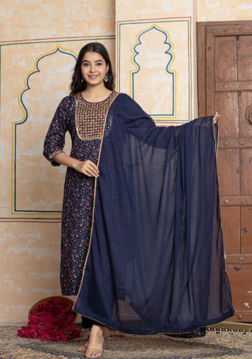 Yoke Floral Printed Cotton Kurta Pant Dupatta Set