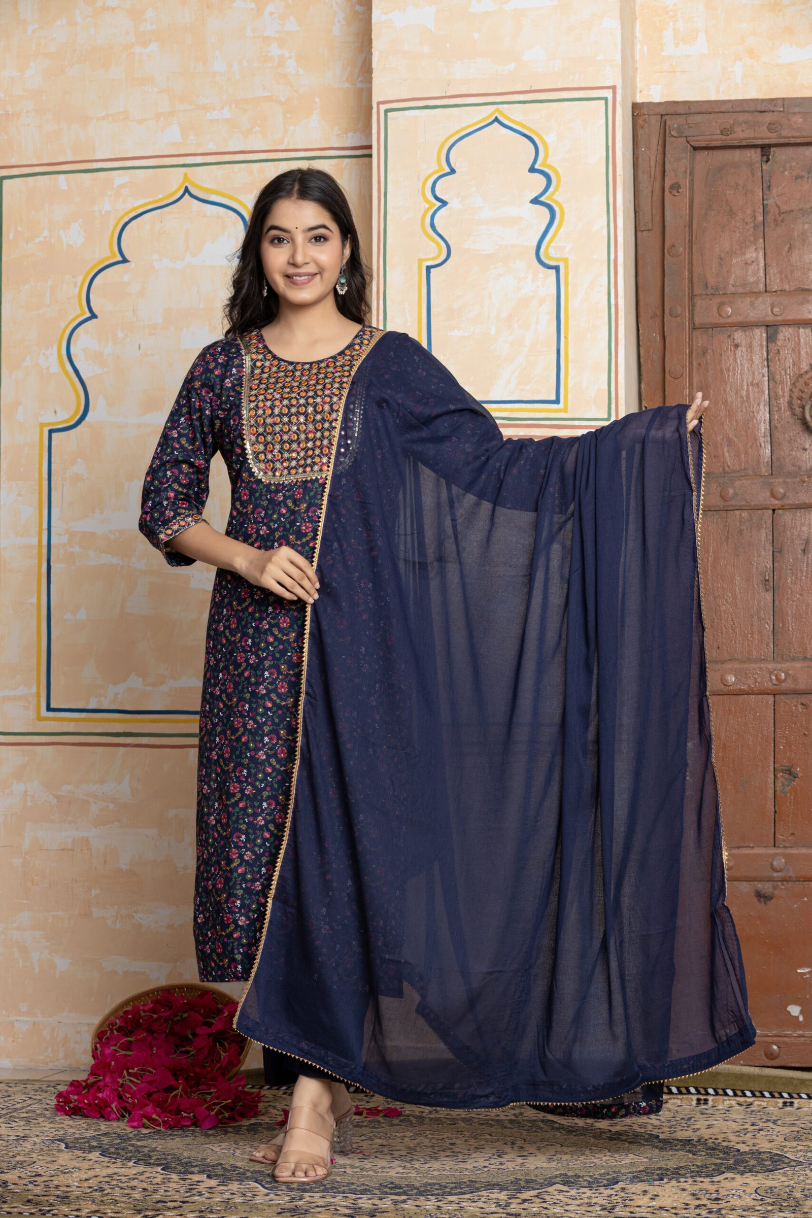 Yoke Floral Printed Cotton Kurta Pant Dupatta Set