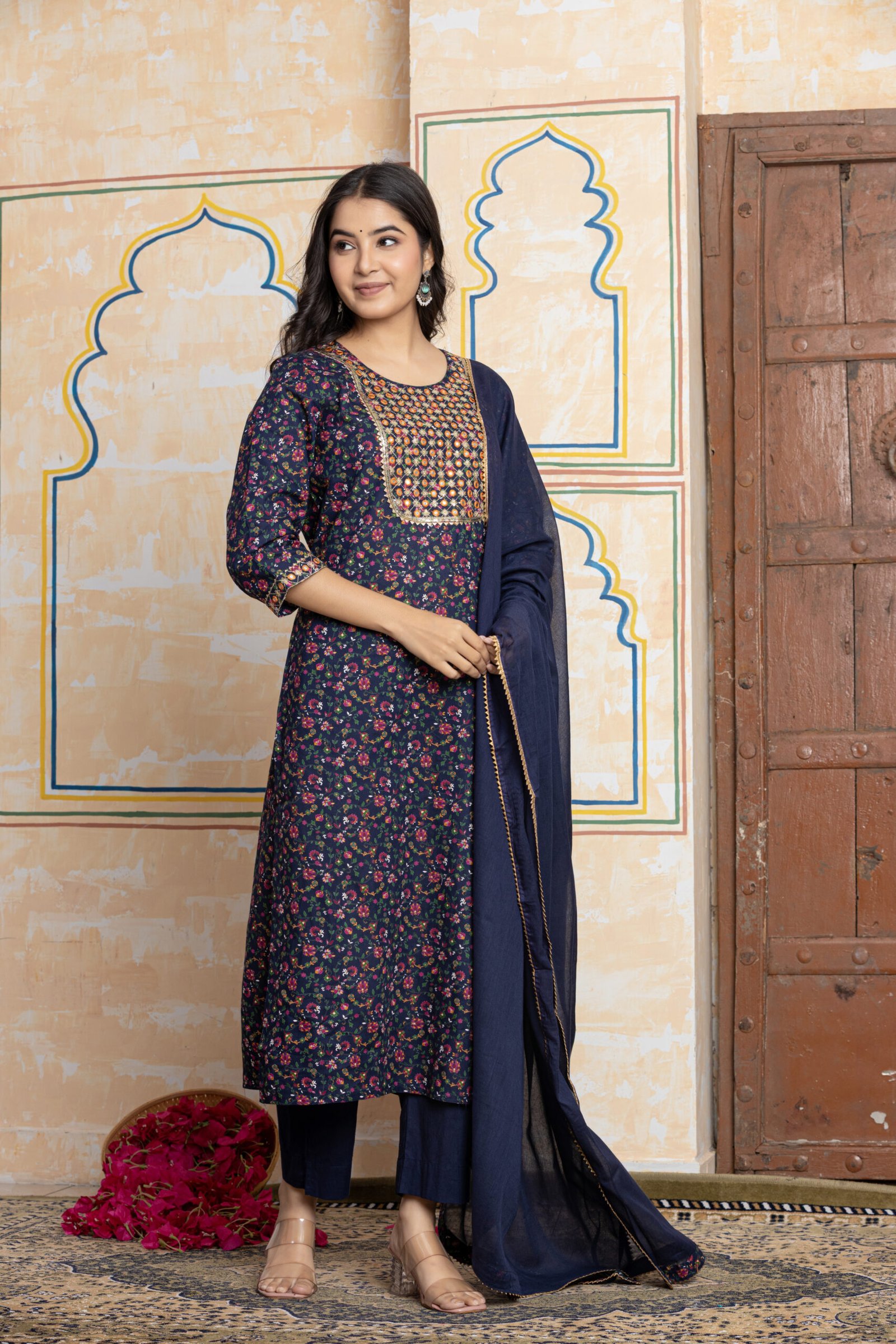 Yoke Floral Printed Cotton Kurta Pant Dupatta Set