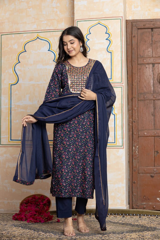 Yoke Floral Printed Cotton Kurta Pant Dupatta Set