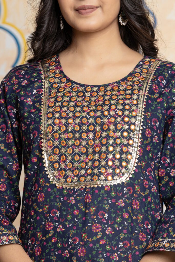 Yoke Floral Printed Cotton Kurta Pant Dupatta Set