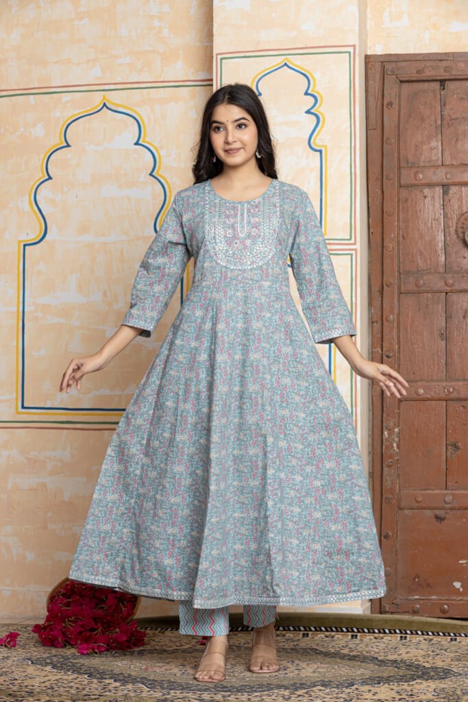 Anarkali Cotton Kurta Pant Dupatta Set