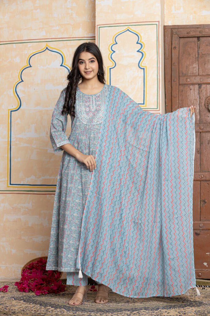 Anarkali Cotton Kurta Pant Dupatta Set
