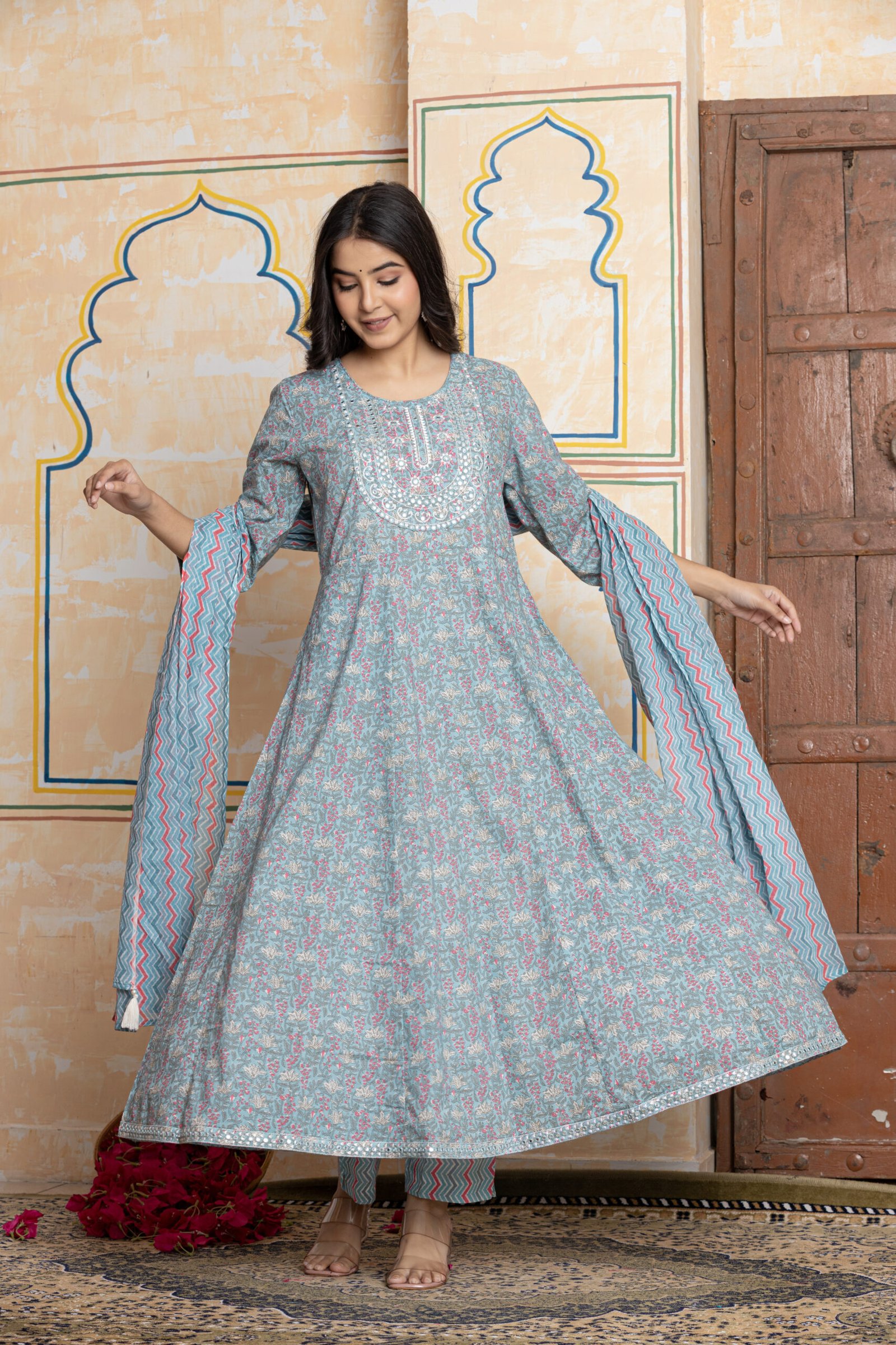 Anarkali Cotton Kurta Pant Dupatta Set