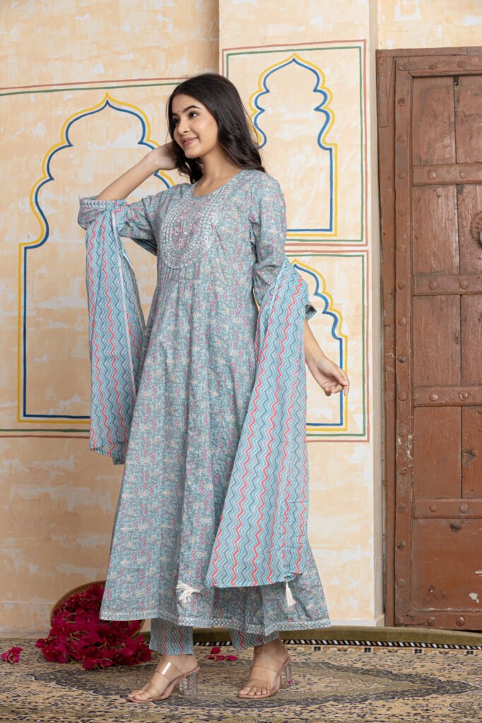 Anarkali Cotton Kurta Pant Dupatta Set