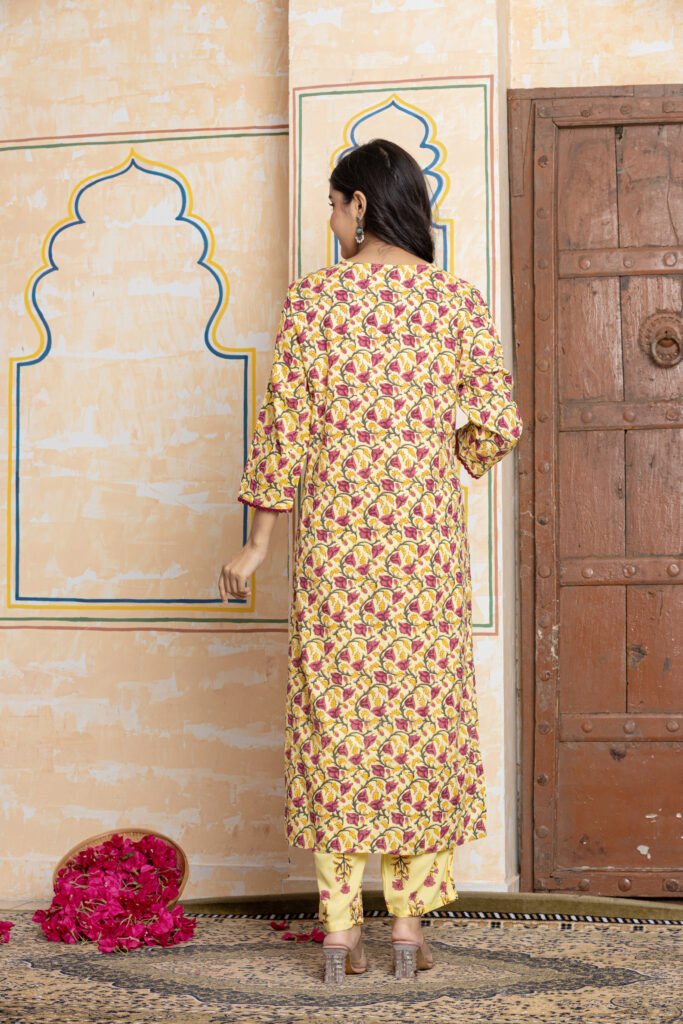 Floral Printed Cotton Kurta Pant Dupatta Set with Embroidered Neckline