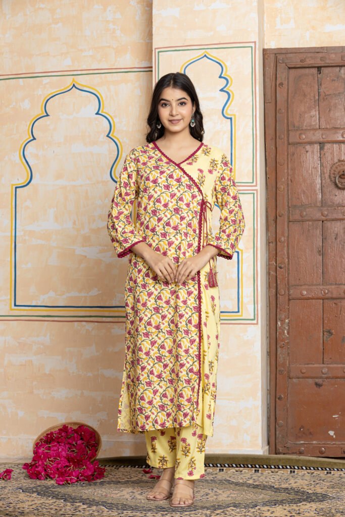 Floral Printed Cotton Kurta Pant Dupatta Set with Embroidered Neckline
