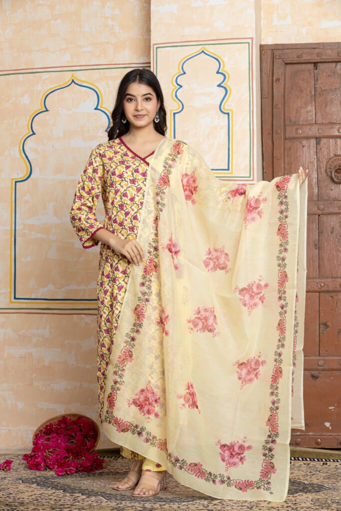 Floral Printed Cotton Kurta Pant Dupatta Set with Embroidered Neckline