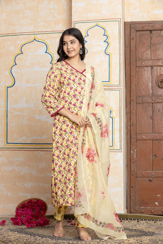 Floral Printed Cotton Kurta Pant Dupatta Set with Embroidered Neckline