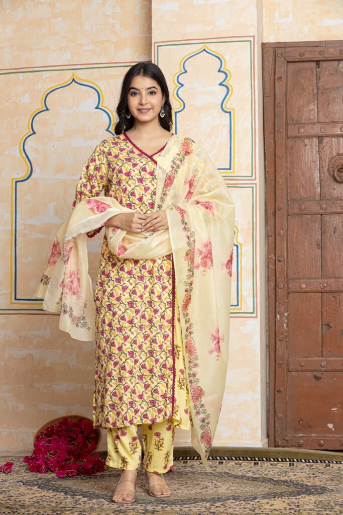 Floral Printed Cotton Kurta Pant Dupatta Set with Embroidered Neckline