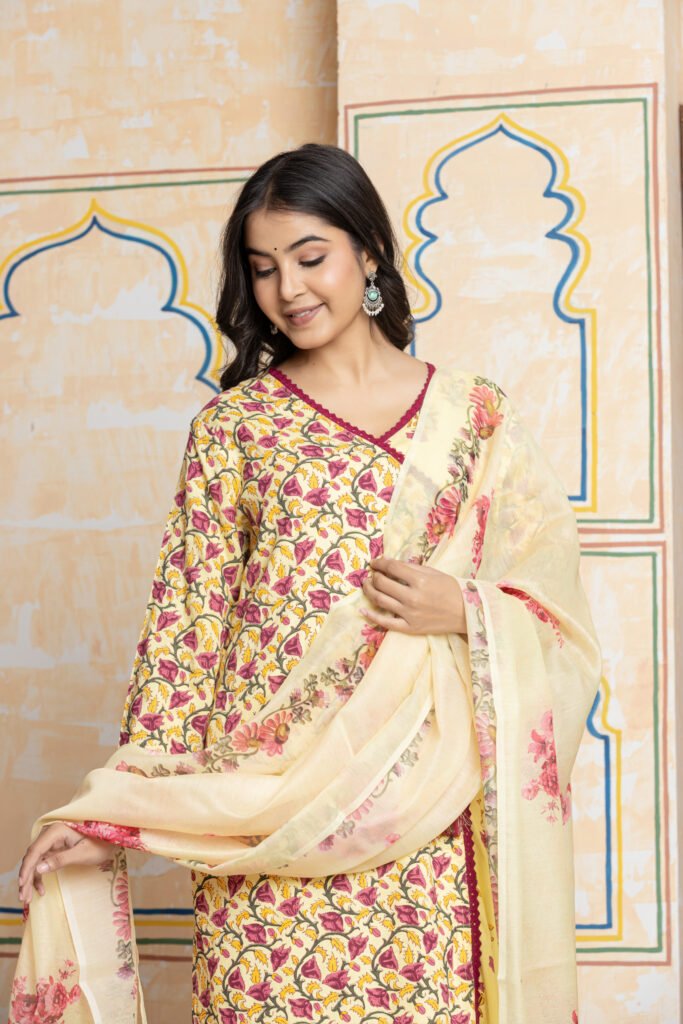 Floral Printed Cotton Kurta Pant Dupatta Set with Embroidered Neckline