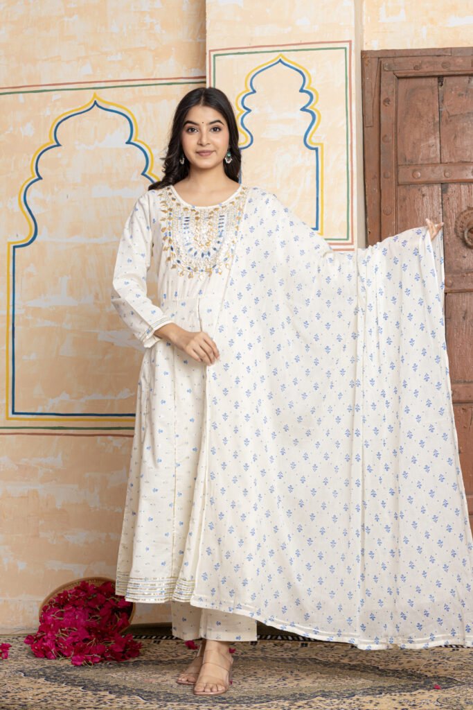 Embroidered Anarkali Cotton Kurta Pant Dupatta Set