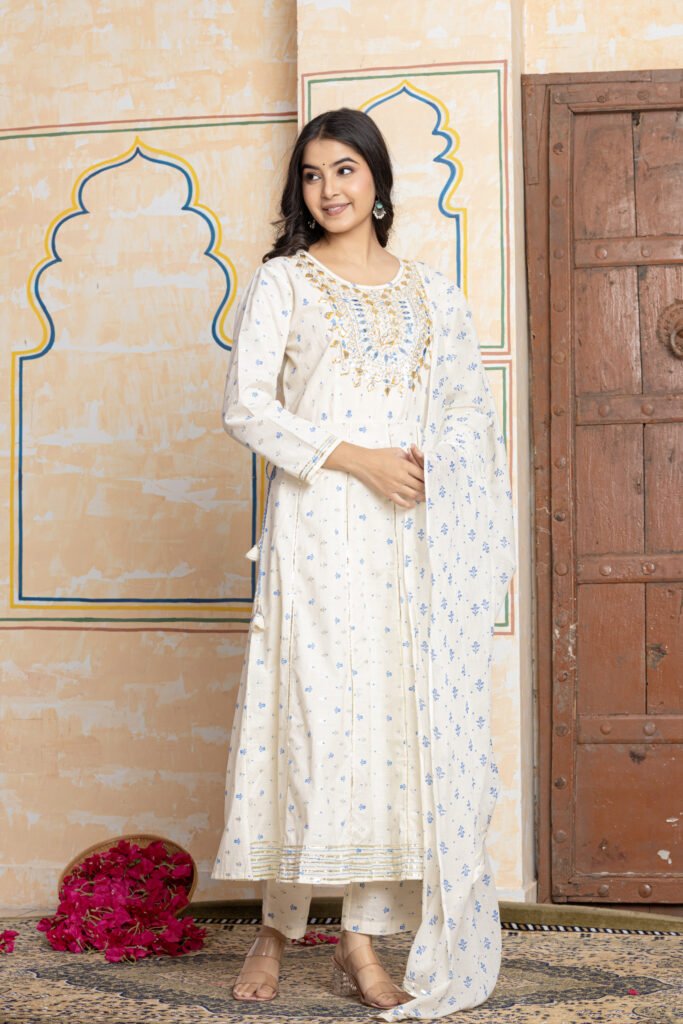 Embroidered Anarkali Cotton Kurta Pant Dupatta Set
