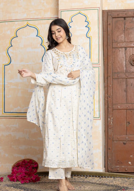 Embroidered Anarkali Cotton Kurta Pant Dupatta Set