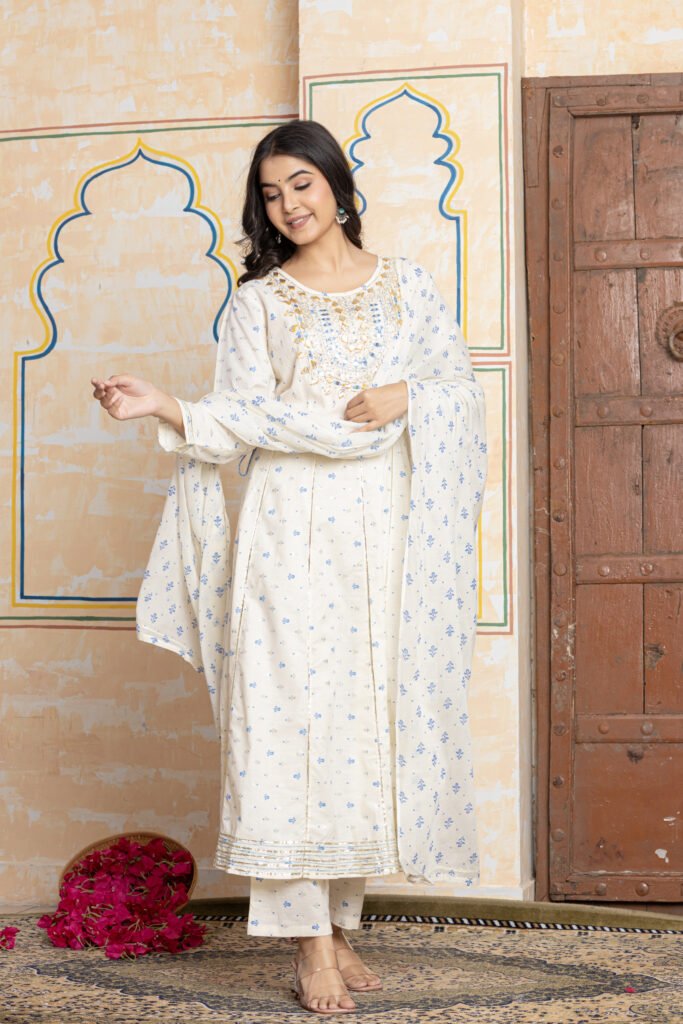 Embroidered Anarkali Cotton Kurta Pant Dupatta Set