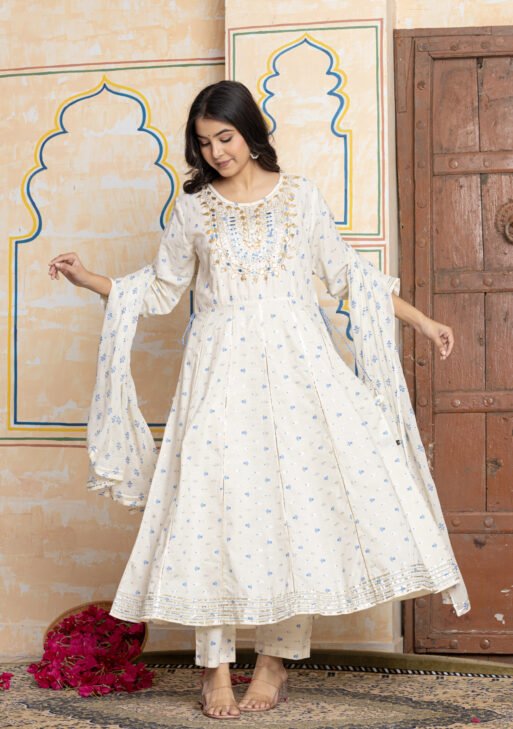 Embroidered Anarkali Cotton Kurta Pant Dupatta Set