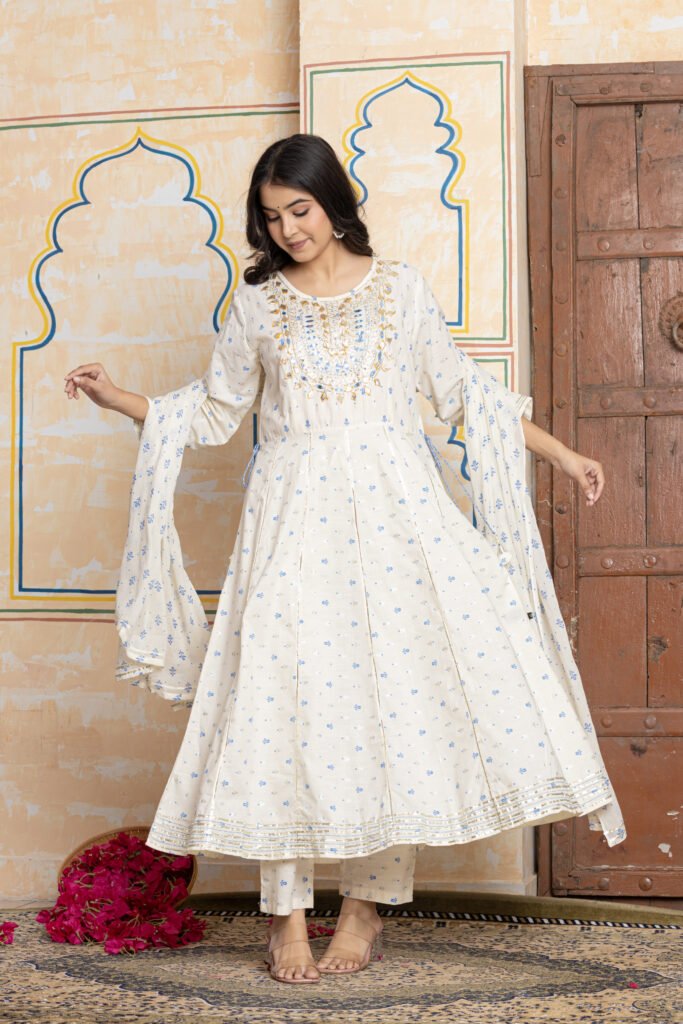 Embroidered Anarkali Cotton Kurta Pant Dupatta Set