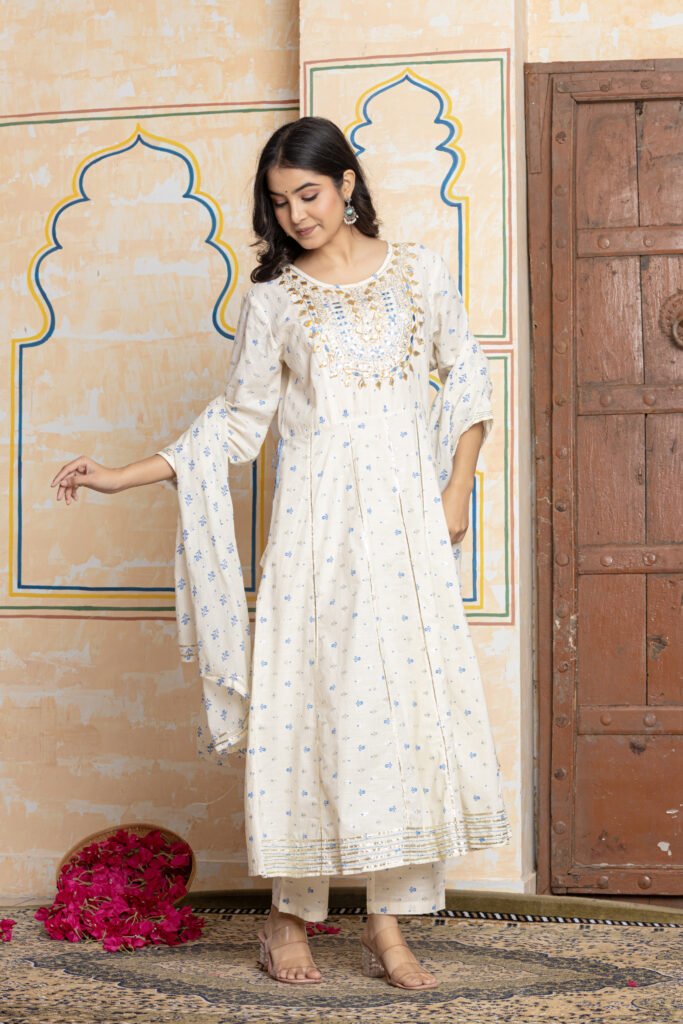 Embroidered Anarkali Cotton Kurta Pant Dupatta Set