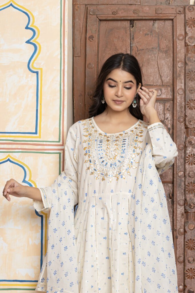 Embroidered Anarkali Cotton Kurta Pant Dupatta Set