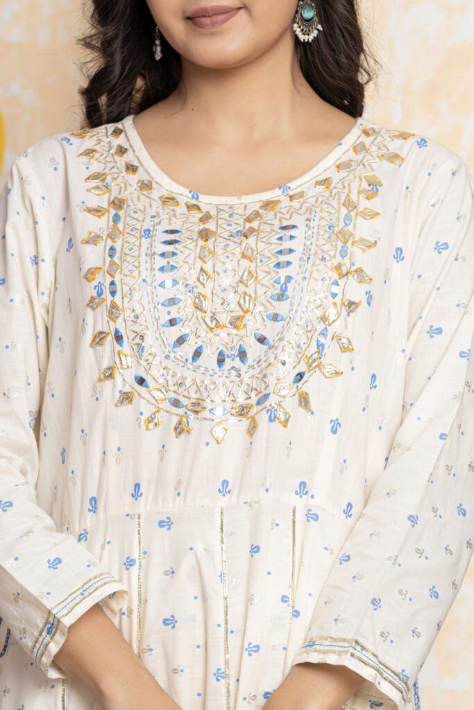 Embroidered Anarkali Cotton Kurta Pant Dupatta Set