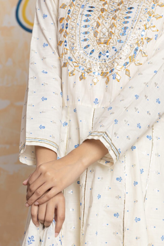 Embroidered Anarkali Cotton Kurta Pant Dupatta Set