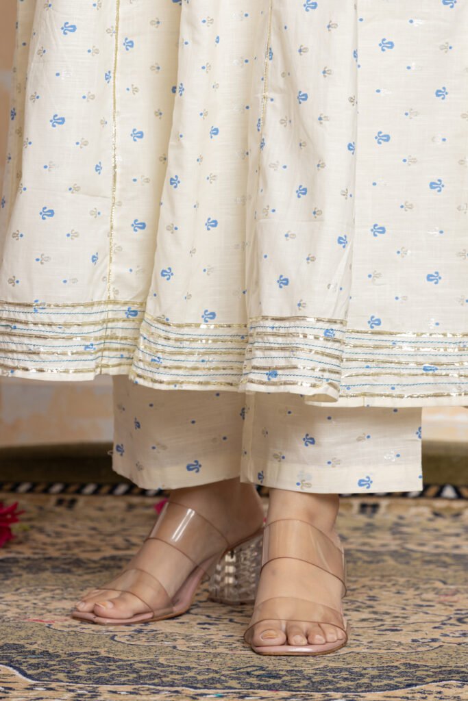 Embroidered Anarkali Cotton Kurta Pant Dupatta Set